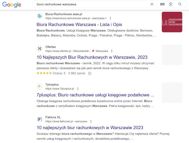 wyniki organiczne na frazę biuro rachunkowe warszawa