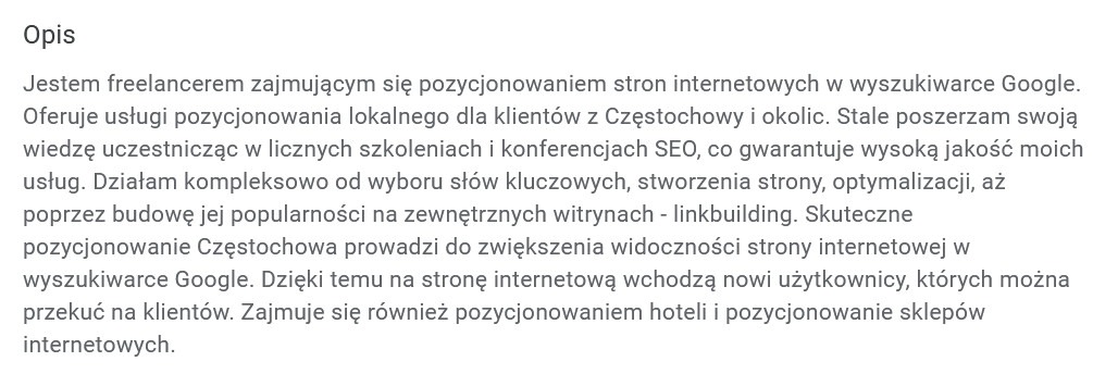 Pozycjonowanie lokalne - co to jest? 21 opis firmy w GMB